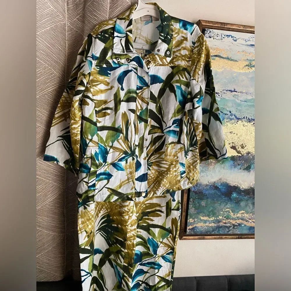 Chico's Linen Matching Set Size 2R L Tropical Print Jacket And Straight Pants